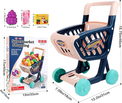 deAO Toddlers Shopping Cart Trolley Set Kids Pretend Grocery Cart Play Toy with Pretend Play Food Shopping Day Realistic Kitchen Accessories for Kids Girls Boys