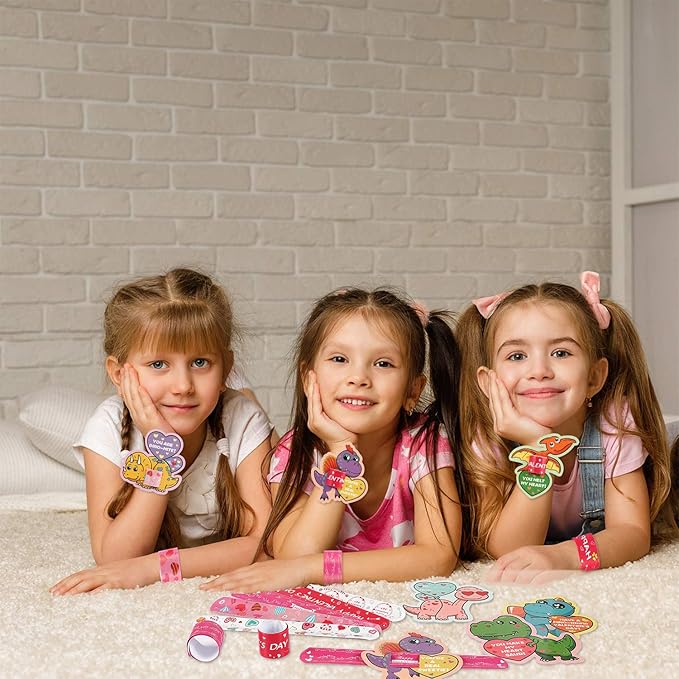 Mibor Valentines Day Cards for Kids - 30 Pcs Dinosaur Gift Cards + 30 Pack Slap Bracelets for Valentines Party Favors, Valentines Day Cards for Kids Party Decorations, Valentines Gift Snap Bracelets