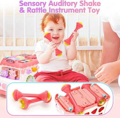 AmiDear Baby Gift for 1-2 Year Old Girl, 10-in-1 Montessori Toys Bus for Baby 6-12-18 Months+, Educational Musical Sensory Learning Toddler Toys Age 1-2, First Christmas and Birthday Gifts Pink