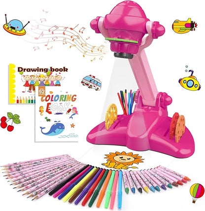 Hoarosall Drawing Projector for Kids, Art and Craft Kit, Toys for Girls Aged 3+, Drawing Supplies, Including Colored Pencils, Crayons, Coloring Books, Gift for 3+ Year Old Girls (Rose Red)