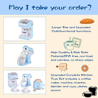 Kitchen Appliances Toys, Play Kitchen Accessories, Toy Kitchen Appliances for Kids, Pretend Kitchen Toys with Coffee Maker, Mixer and Toaster, Toy Kitchen Set Birthday Gift for Kids Ages 3+ (Blue)