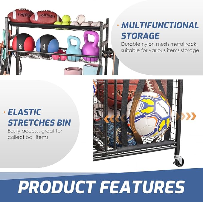 PLKOW Sports Equipment Storage for Garage, Indoor/Outdoor Sports Rack for Garage, Ball Storage Garage Organizer with Basket and Hooks,Toy/Sports Gear Storage