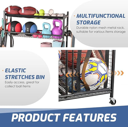 PLKOW Sports Equipment Storage for Garage, Indoor/Outdoor Sports Rack for Garage, Ball Storage Garage Organizer with Basket and Hooks,Toy/Sports Gear Storage