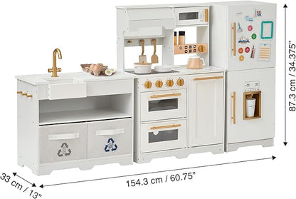 Teamson Kids Little Chef Atlanta Large Modular Wooden Play Kitchen with Interactive, Realistic Features, and 17 Kitchen Accessories, for 3yrs and up, Blue/White/Gold