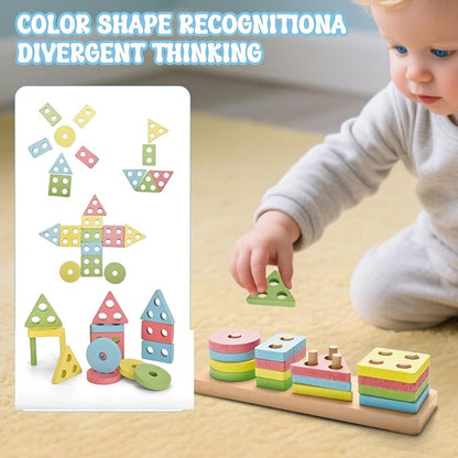Montessori Toys for 1-3 Year,3 in 1 Wooden Learning Fine Motor Skills Toys Rainbow Color Sorting Toy for Toddlers - Preschool Color Matching, Educational Color Recognition ShapeSorter Boys Girls Gifts