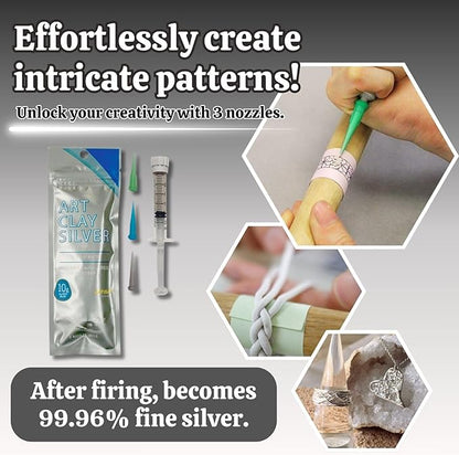 Art Clay Silver 50g, Syringe Type 10g (with 3 Tips) & Set of 3 Polishing Cloths A-0275,A-0281