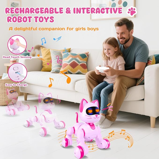 Robot Cat Interactive Toys for Girls: Remote Control Electronic Pink Kitty Pet for Kids Age 3-5 4-6 Gifts for 3 4 5 6 7 8 Year Old Girls RC Toys with Touch Sensing Gestures Birthday Gift Ideas