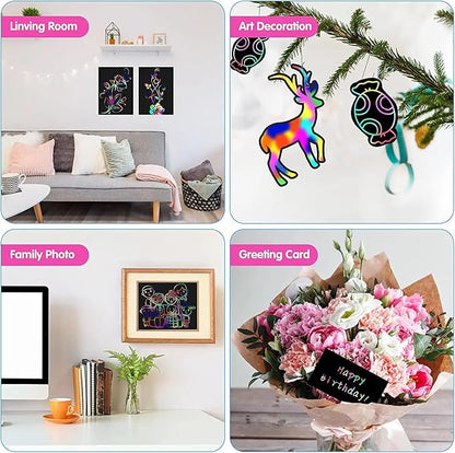 Smasiagon Scratch Paper Art Set for Kids: 60 Pcs Magic Black Scratch Off Art Crafts Kits Colorful Drawing Toys for 3-12 Year Old Girls Boys Halloween Party Favor Game DIY Birthday Christmas Gift