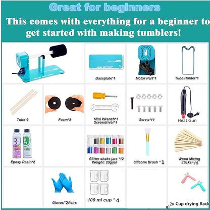 LFSUM Cup Turner Kit for Crafts Tumbler, Tumbler Cup Spinner, Glitter Powder, Epoxy Resin Kit for Beginners with Epoxy and Heat Gun (1X-Blue)