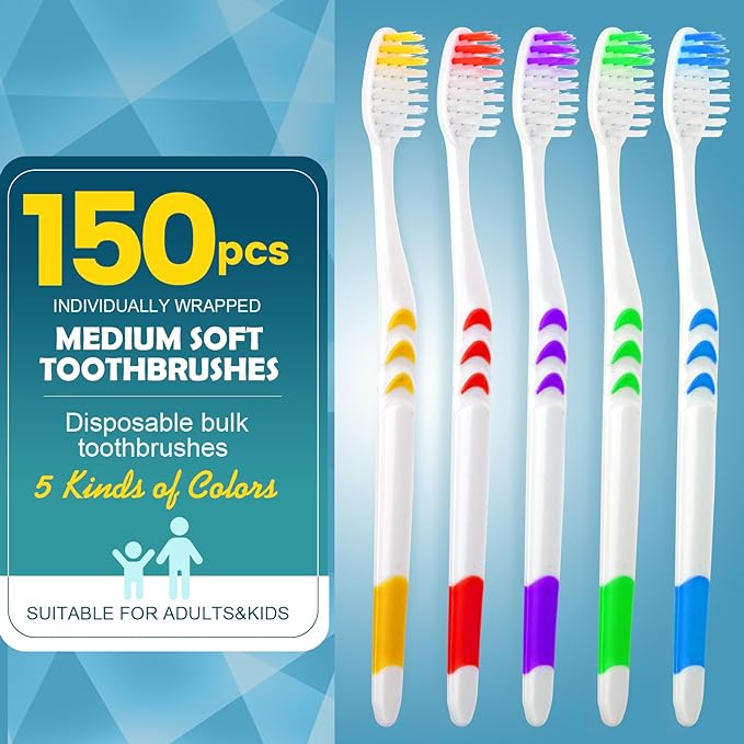 Navona 150 PCS Individually Wrapped Bulk Toothbrush Pack, Disposable Toothbrush, Soft Toothbrush for Adult or Kid, Soft Bristle Toothbrush, Ergonomics Handle, Perfect for Travel, Hotel, Donation