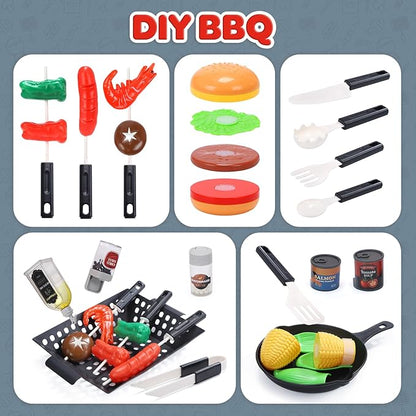 CUTE STONE Kids BBQ Grill Toys, Color Changing Play Food, Sizzling Sound & Light Effects, Cool Mist Spray, Pretend Cooking with Frying & Grilling, 2-Tier BBQ on Wheels - Kitchen Toy, Birthday Gift