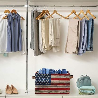 AUUXVA American Flag Patriotic Wooden Storage Basket Bin Memorial Day Large Fabric Toys Storage Cube Box with Handles Collapsible Closet Shelf Cloth Organizer Basket for Nursery Bedroom Bathroom