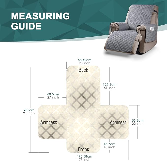 Ruaozz 100% Waterproof Recliner Chair Cover Non-Slip Reclining Cover for Recliner Chair Washable Chair Seat Cover with Elastic Straps for Kids, Dogs, Pets (Light Grey, 23'')