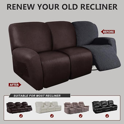 molasofa Recliner Sofa Covers - 8 Pieces Stretch Leather Like Large Couch Covers for 3 Seats Reclining Slipcovers Soft Jacquard Pattern Furniture Protector with Elastic Bottom (Chocolate)
