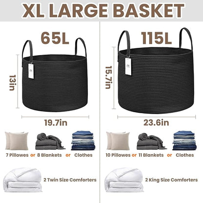 JMvicyroam 115L Extra Large Blanket Basket for Living Room - Woven Cotton Rope Laundry Hamper with Reinforced Handles - Storage Bin for Pillows, Comforters & Toys - Machine Washable,Black
