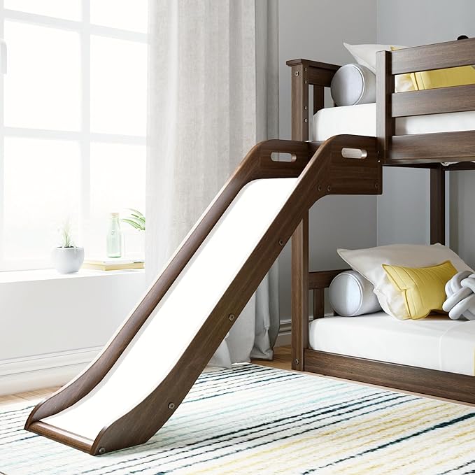 Max & Lily Twin Over Twin Low Bunk with Slide and Ladder, Wooden Bunk beds with 14” Safety Guardrail for Kids, Toddlers, Boys, Girls, Teens, Bedroom Furniture, Walnut