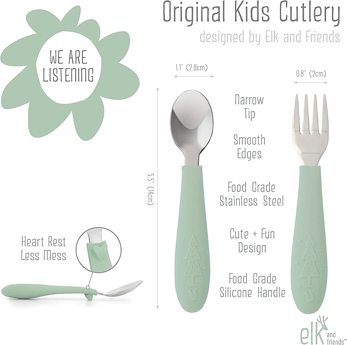 Elk and Friends Silicone Suction Plate for Babies/Toddlers + Stainless Steel Silverware Feeding Set | Divided Plate | Suction Design | Forks + Spoons Included | 3 Pack