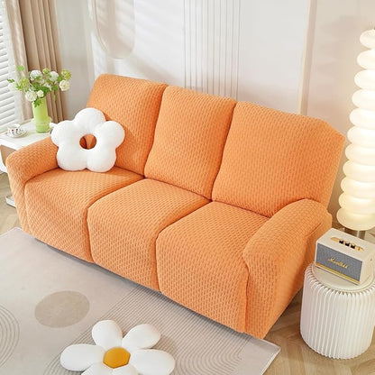 vctops 8 Pieces Jacquard Plush Recliner Sofa Covers Stretch Soft 3 Seats Couch Cover Anti-Slip Solid Color Sofa Slipcover Furniture Protector with Elastic Bottom for Kids Pet (Orange,3 Seat)