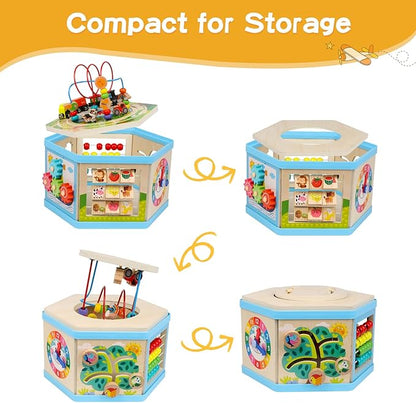Wooden Activity Cube 9-in-1 Montessori Toys for 1+ Year Old Boys Girls Educational Learning Toys for Toddlers Age 1-2 One Year Old First Birthday Gift Bead Maze Magnetic Trains Track Shape Sorter