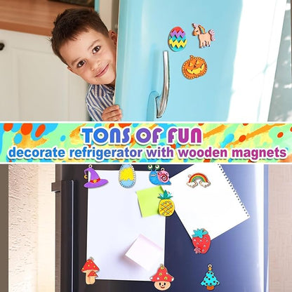 36 Pcs Wooden Magnets DIY Kit Wooden Art Craft Hanging Ornament Painting Craft Kit Gifts for Kids Boy Girl Easter Crafts Toys Basket Goodie Bag Stuffers