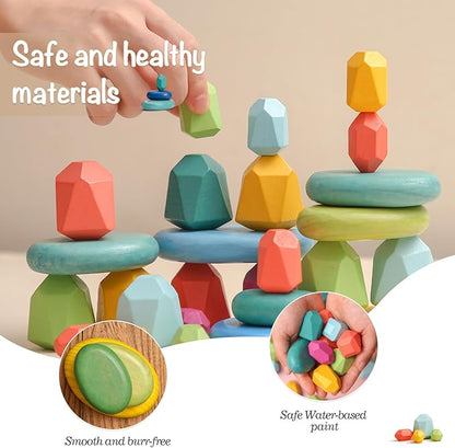 OESSUF Stacking Rocks 26Pcs Stacking Blocks Balancing Stacking Stones Wooden Building Toys Wood Stone Stacking Game for Toddler Sorting Preschool Educational Montessori Stacking Rocks for Kids