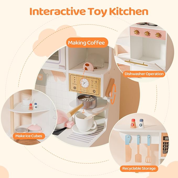 JOYMOR Kids Play Kitchen Sets, Toddler Kitchen w/Kitchen Sink & Ample Play Kitchen Accessories, Ideal for Creative Pretend Play for Children 3-10 (Cream&Gold)