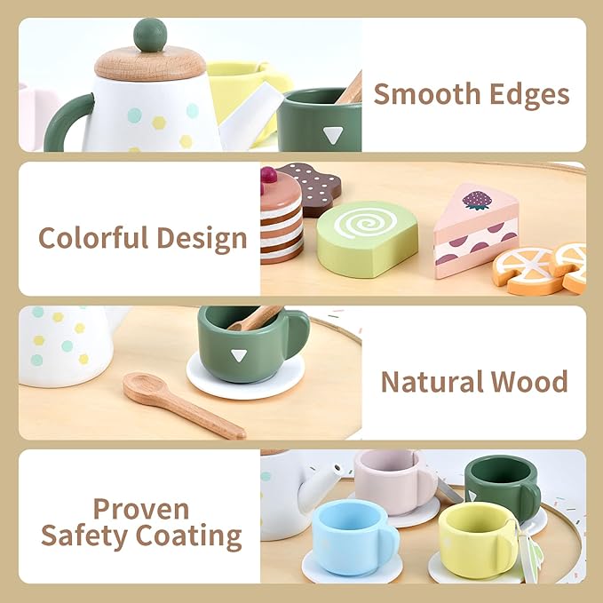 WHOHOLL Wooden Tea Party Set for Little Girls Play Food, Toddler Girl Toys Play Kitchen Accessories with Teapot Tea Cup Dessert Toys 4 Set Playset- Pretend Play Set for Toddlers 1 2 3 5