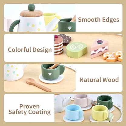 WHOHOLL Wooden Tea Party Set for Little Girls Play Food, Toddler Girl Toys Play Kitchen Accessories with Teapot Tea Cup Dessert Toys 4 Set Playset- Pretend Play Set for Toddlers 1 2 3 5