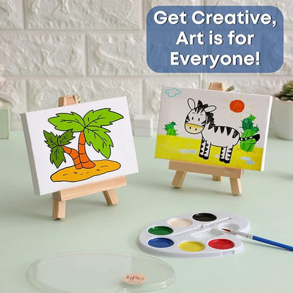 Set of 6 Mini Canvases 4x6 & Easel Set with Watercolors Paint - Party Favors for Kids 3 to 5 - Goody Bag Stuffers - Return Gifts for Kids Birthday - Small Canvases for Painting