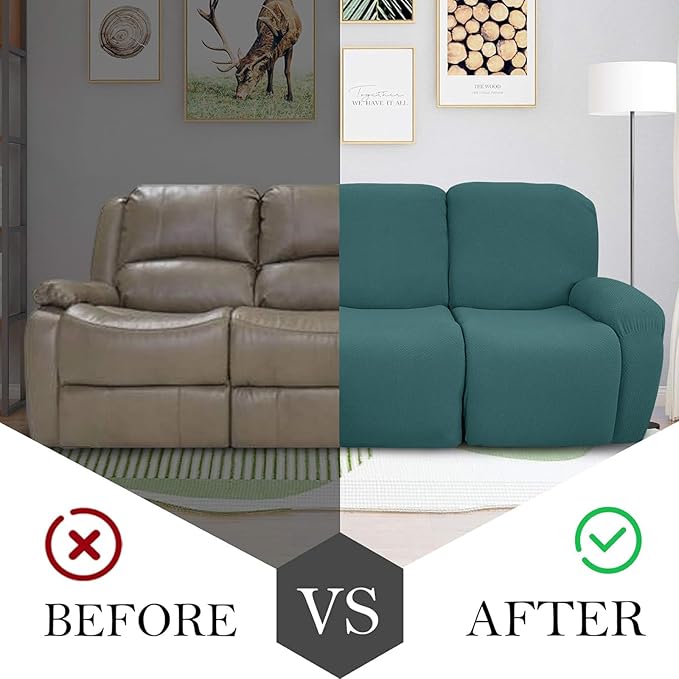 JIVINER 8-Piece Recliner Sofa Covers Stretch Jacquard Couch Covers for Recliner Slipcovers for Living Room 3 Cushion Soft Recliner Protector with Pocket (Sofa Recliner, Peacock Blue)