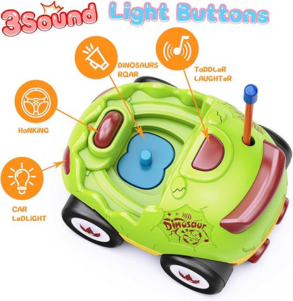 2 Pack Dinosaur Toys Remote Control Cars for Toddlers Ages 2 3 4 5, Christmas Birthday Gifts for 2-5 Year Old Boys, Dinosaur RC Car Toys with Music and Lights (Green Blue)