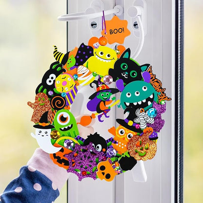 Winlyn 12-Pack Halloween Craft Kits Fall Crafts DIY Halloween Wreath Ornaments Decorations Art Sets Halloween Foam Stickers Arts and Crafts for Kids Classroom Party Activities Holiday Festive Projects