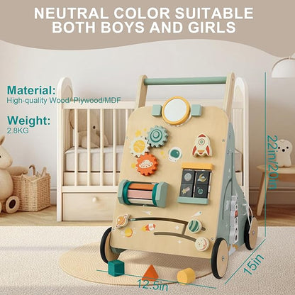 Adjustable Wooden Baby Walker – Montessori Push Toy for 1 Year Old with Rocket-Themed Activity Center, Sit-to-Stand Walker Gift for Boys and Girls