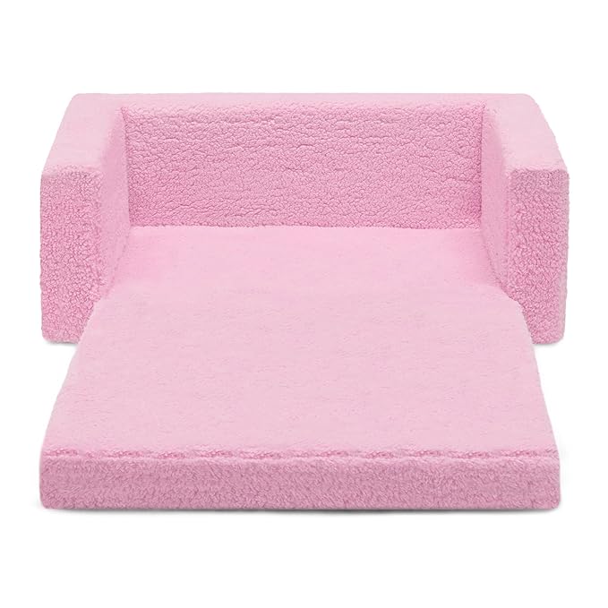 Delta Children Cozee Flip-Out Sherpa 2-in-1 Convertible Sofa to Lounger for Kids, Pink