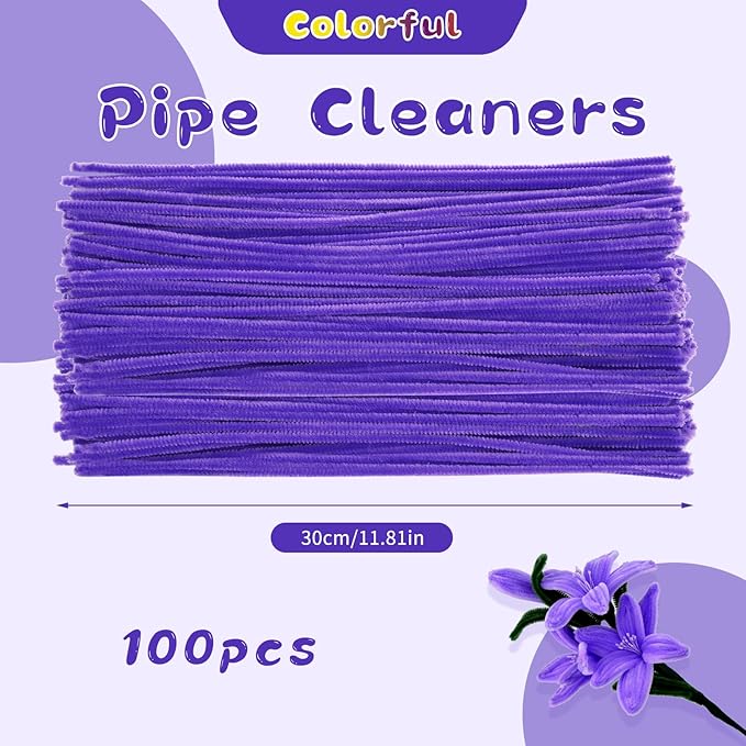 Pipe Cleaners, 100Pcs Pipe Cleaners Supplies for Flower Making DIY Craft, Chenille Stems Pipe Cleaners Art Supplies for Festivals Crafts Decorations/Purple
