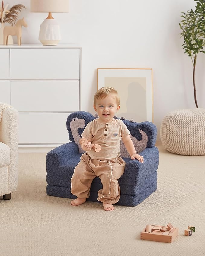 Blissful Diary Kids Couch, 2-in-1 Soft Toddler Couch Fold Out, Toddler Chair Comfy, Convertible Sofa to Lounger with Cute Dinosaur Designs, Blue