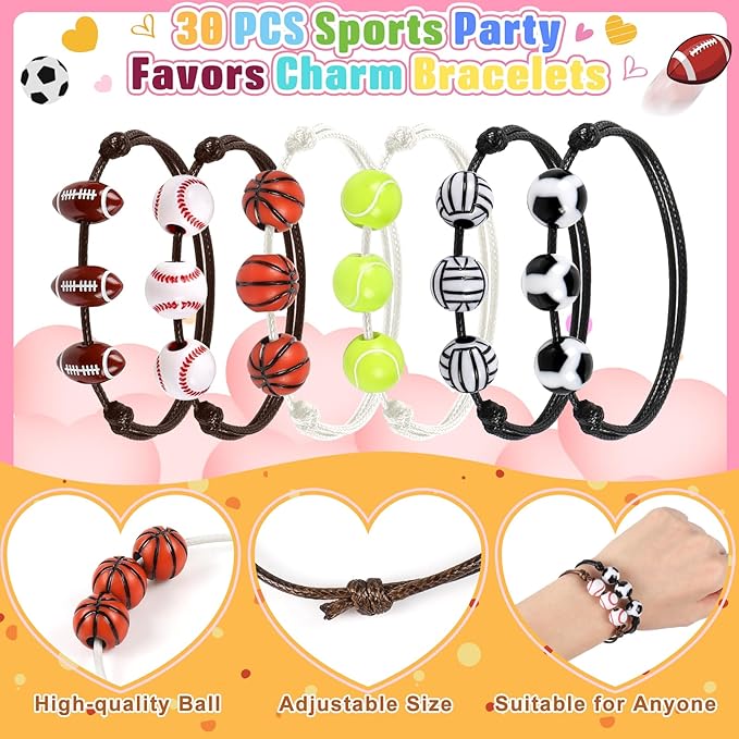 Valentines Day Gifts for Kids - 30 Pack Valentines Day Cards for Kids School Classroom Heart Boxes with Sports Party Favors Bracelets, Valentines Party Favors for Kids Exchange, Games Prize Rewards