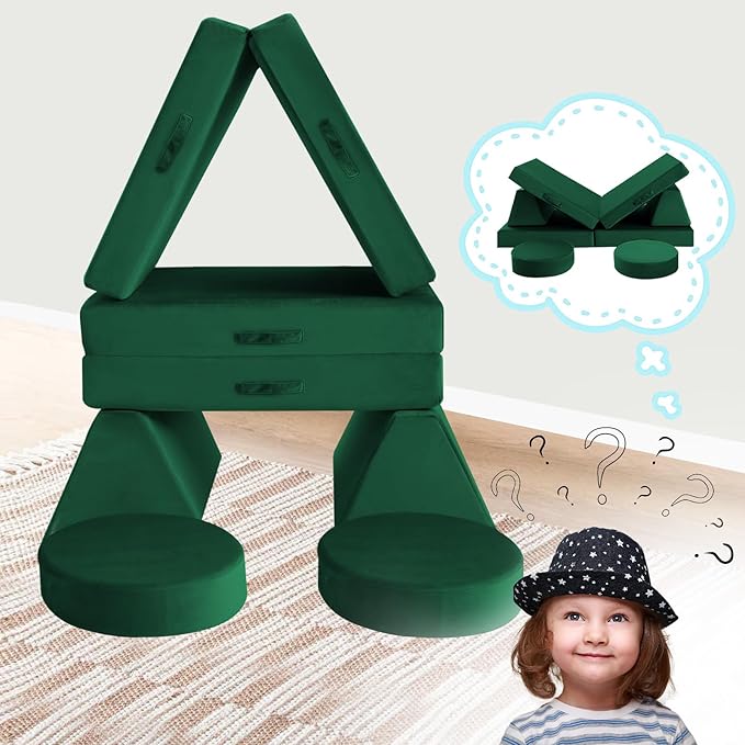 MeMoreCool 8-Piece Modular Kids Play Couch – Green Convertible Foam Toddler Sofa for Playroom, Fold-Out Baby Couch Play Set