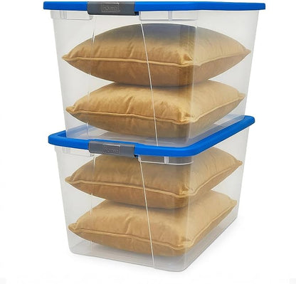 HOMZ 2-Pack Secure Latch, Clear Plastic Storage Organizer Bins, 64 Quart, Blue Lid - Stackable Container Boxes for Bedroom, Bathroom, Garage, and Office Organization