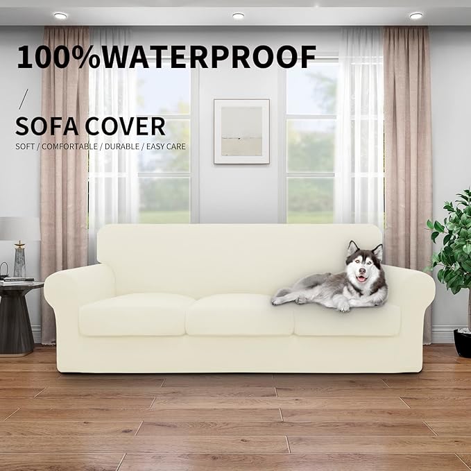 Easy-Going 100% Dual Waterproof Oversized Cover Stretch Soft Couch Cover for Dogs, Sofa Slipcover for 3 Separate Cushion Couch Leakproof Furniture Protector for Kids, Pets Ivory