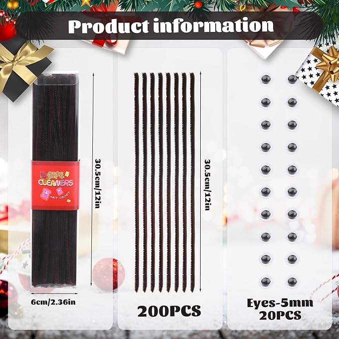 LOKUNN Pipe Cleaners, 200 Pcs Dark Brown Pipe Cleaners Craft Set, Solid Color Chenille Stems, DIY Arts and Crafts with Adhesive Eyes and Storage Box, Christmas Halloween Decoration Art Supplies