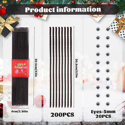 LOKUNN Pipe Cleaners, 200 Pcs Dark Brown Pipe Cleaners Craft Set, Solid Color Chenille Stems, DIY Arts and Crafts with Adhesive Eyes and Storage Box, Christmas Halloween Decoration Art Supplies