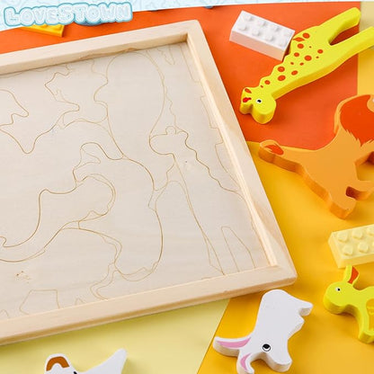LovesTown 12PCS Wooden Stacking Puzzles, Animal Chunky Jigsaw Puzzles Educational Toys for Kids Gift