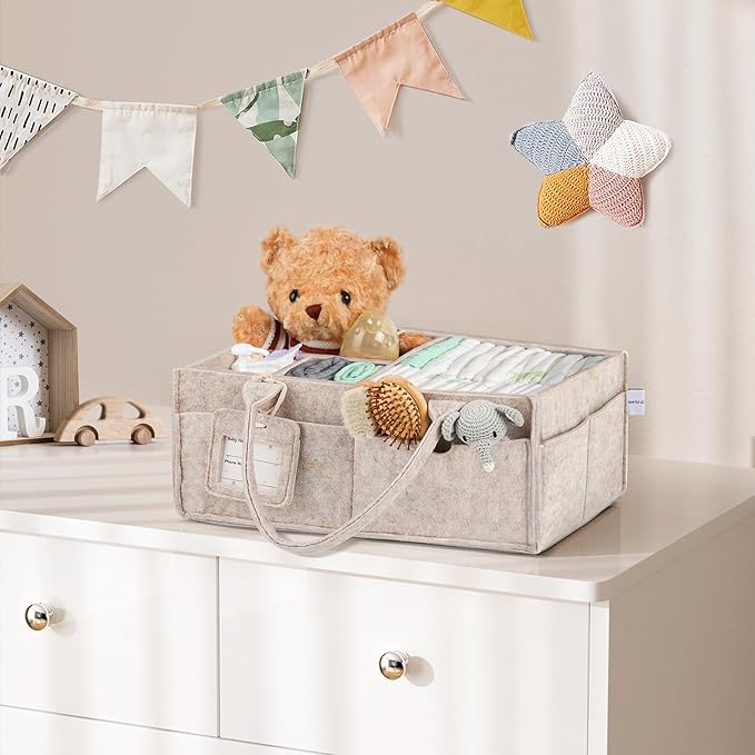 GEMII Diaper Caddy Organizer-Large Baby Caddy Organizer with Handle，Newborn Registry Essentials，Baby Shower Gift Basket for Boy or Girl(Oatmeal, Large)