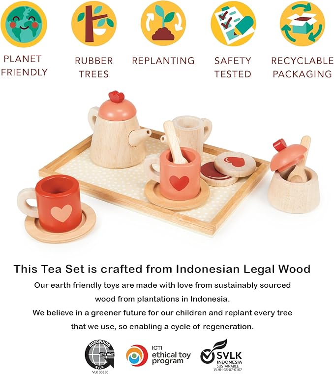 Mentari Toys - Tea Time Tray Set - Wooden Pink Teapot, Cups and Trays for Pretend Afternoon Tea Party - Social, Creative, and Imaginative Development - Learning Role Play - Age 3+