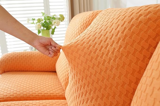 vctops 6 Pieces Jacquard Plush Recliner Loveseat Slipcover Stretch Soft Sofa Couch Cover Anti-Slip Solid Color Furniture Protector with Elastic Bottom for Kids Cats Dogs(Orange,2 Seat)