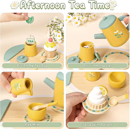 Toyssa Wooden Tea Party Set for Little Girls Toys Toddler Pretend Food with Tea Tray & Play Kitchen Accessories, Wooden Toys for Toddlers 3 4 5 6 Years Old, Birthday Kids Girls Gifts 3-6