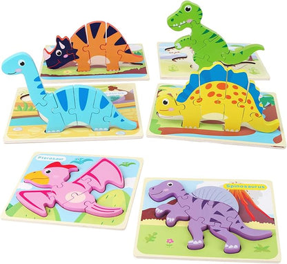 SYNARRY 6 Pack Dinosaur Wooden Puzzles for Kids 3-5, Wooden Puzzles for Toddlers, Dinosaur Puzzles for Toddlers 3 4 5 Year Old, 3D Dinosaur Puzzles Educational Preschool Toys for Boys and Girls