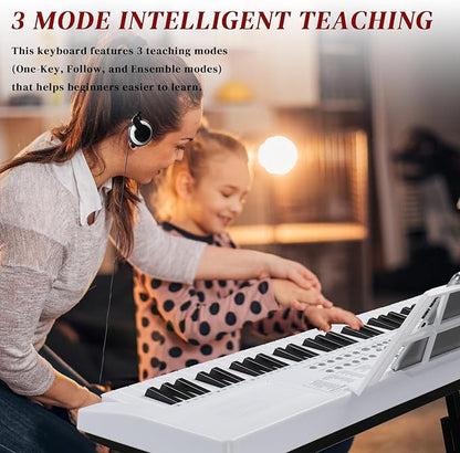 Ktaxon 61 Key Keyboard Piano Electric Keyboard w/Lighted Keys, Electric Piano Set with Headphones, Microphone, Music Rest, Power Adapter, Stand, Piano Bench and Manual (Full-White)