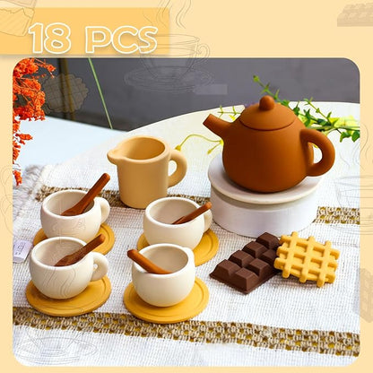 Silicone Tea Party Set, Silicone Tea Set for Kids with Play Food(Chocolate and Waffles), Pretend Play Kitchen Accessories(Brown)